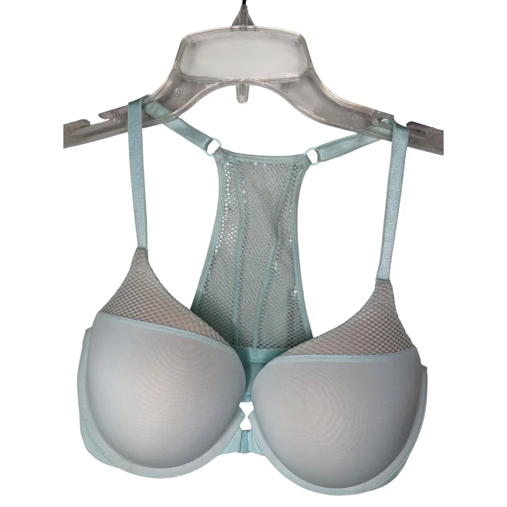 Victorias Secret Mint Green T-Shirt‎ Push-Up Bra Front Close Mesh Racerback 34DD